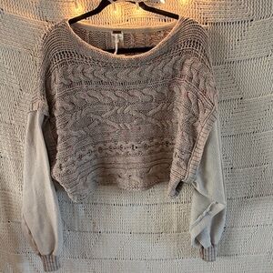 Free People Cropped Cable Knit Scoop Neck Sweater - Light Beige with Pink Flecks